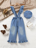 Young Girls' Casual Bowknot Denim Bib Pants + Hat Set