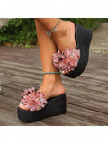 Women's Pink Floral Embellished Holiday Casual Platform Wedge Slide Sandals