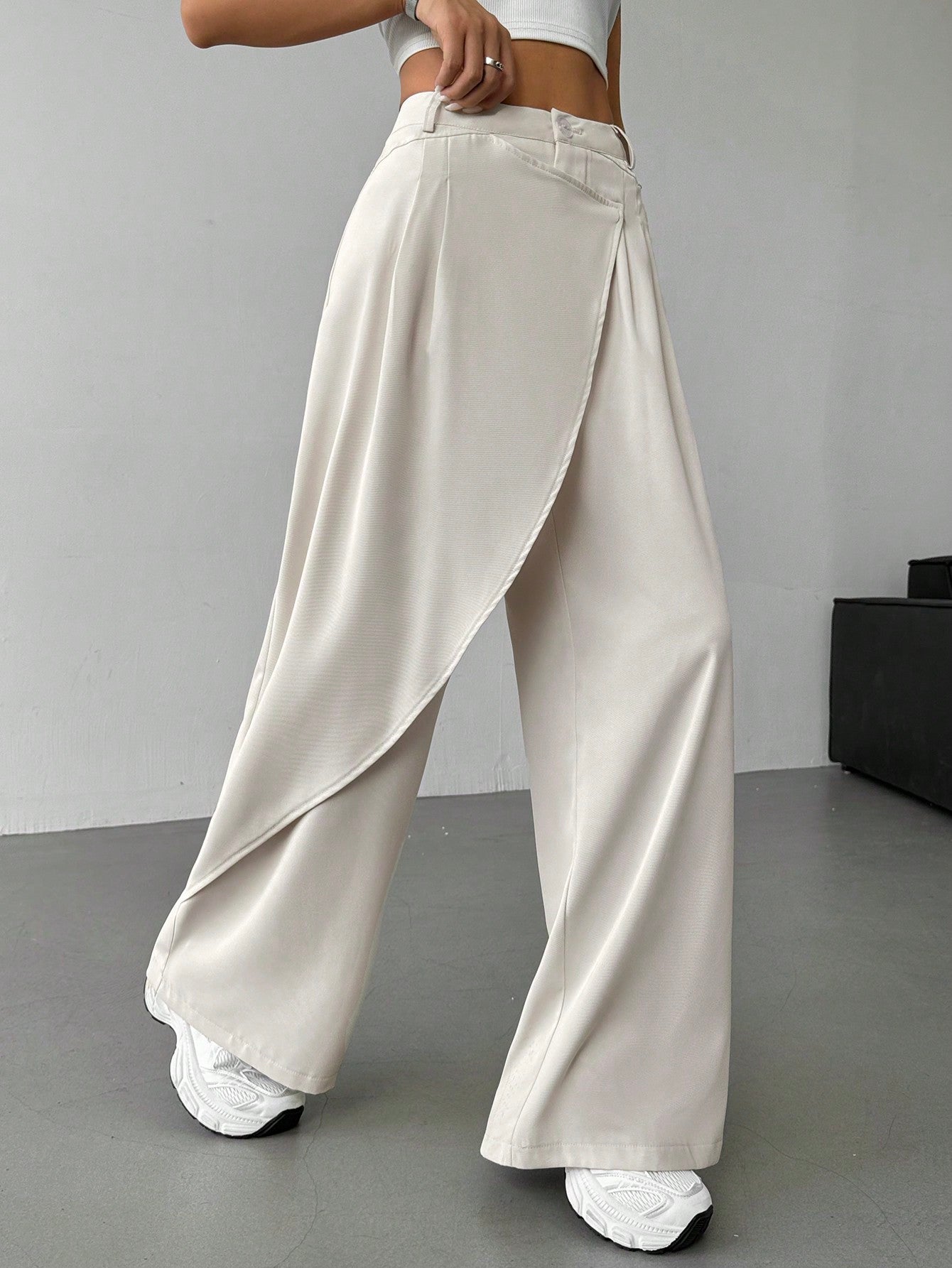 Solid Color Minimalist Asymmetrical Loose Wide-Leg Pants, Casual Daily Wear