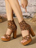 Ladies New Fashion Leopard Print One-Strap Hollow Waterproof Platform Thick High-Heeled Sandals And Ankle Boots And Short Boots