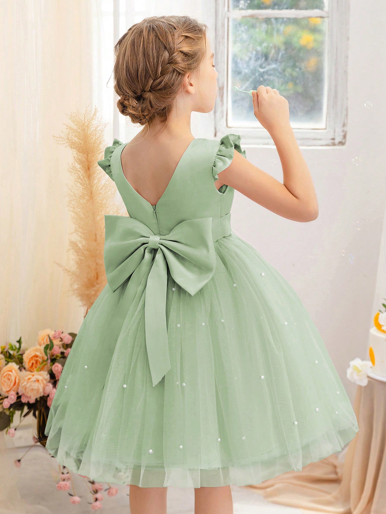 Young Girl Flutter Sleeve Tulle Formal Dress, Suitable For Birthday Party, Dance Party, Casual, Daily Wear, Musical Performance, And Stage Costume