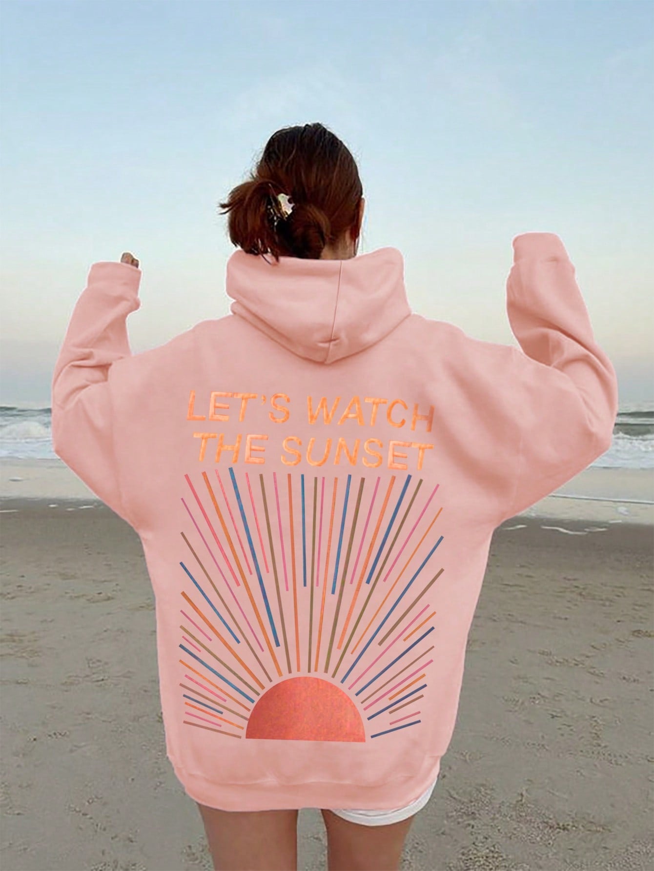 Women's Casual Sun Lettering Print Pink Hoodie