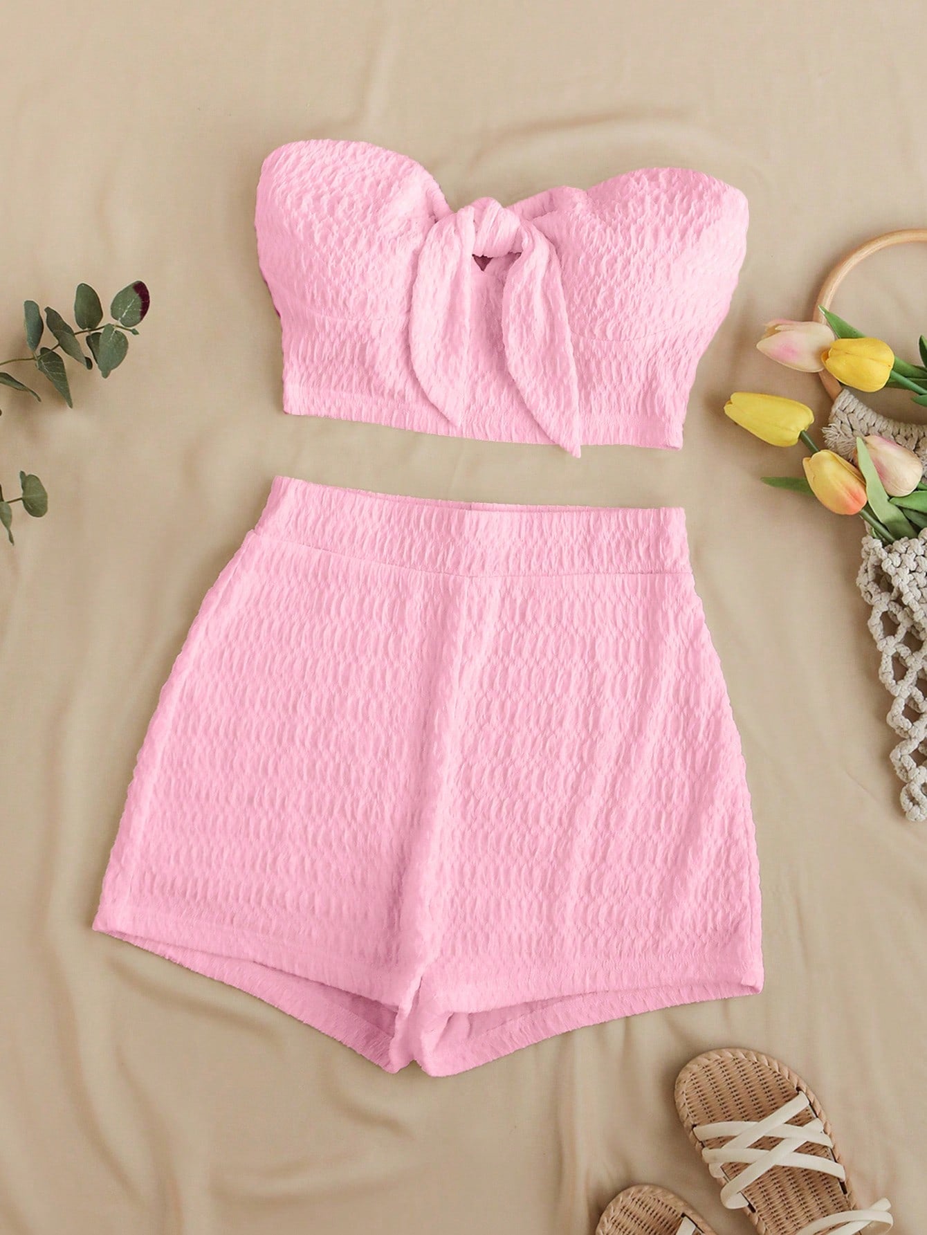 Solid Color Bandeau Top & High Waisted Shorts Texture Set For Summer