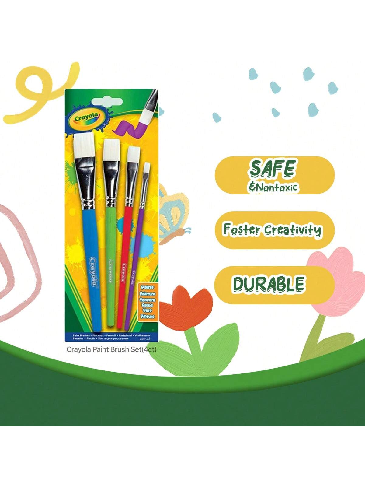 Crayola Large Paint Brushes (4ct), Kids Paint Brush Set, Thin & Thick Paint Brushes, For Acrylic, Tempera, Water Based Paint, Ages 3+