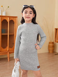 Young Girl Knitted Solid Color Round Neck Slim Fit Casual Sweater Dress