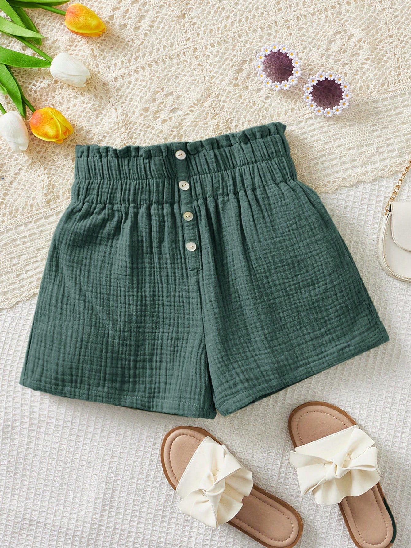 Tween Girls Solid Color Loose Front Button Decor Ruffle Trim Waist Casual Shorts