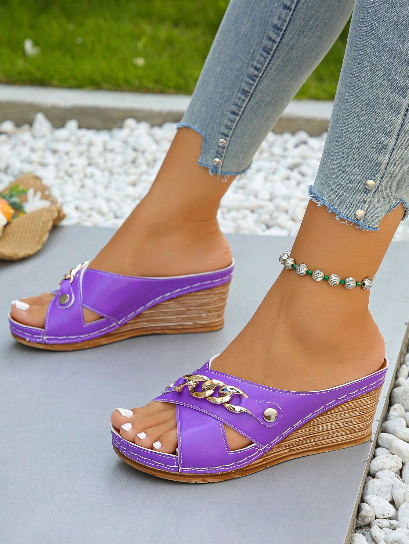 Women's Elegant Thick Sole Wedge Sandals With Criss-Cross Strap & Metal Decor, For Party, Daily, Purple Open Toe Wedge Slip On Sandals