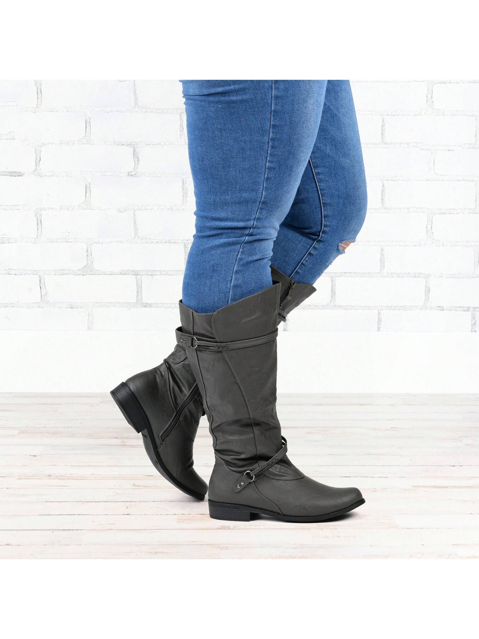Womens Extra Wide Calf Stacked Heel Riding Boots