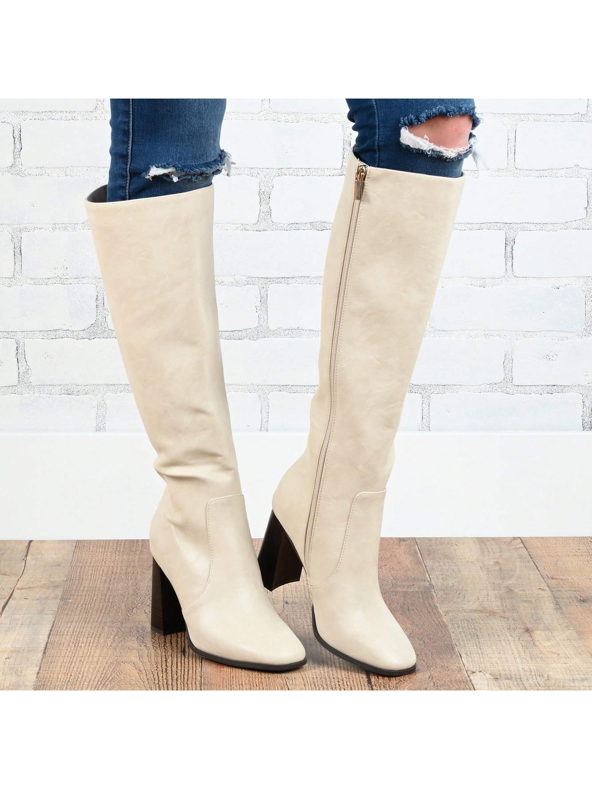 Womens Extra Wide Calf Stacked Heel Knee High Boots