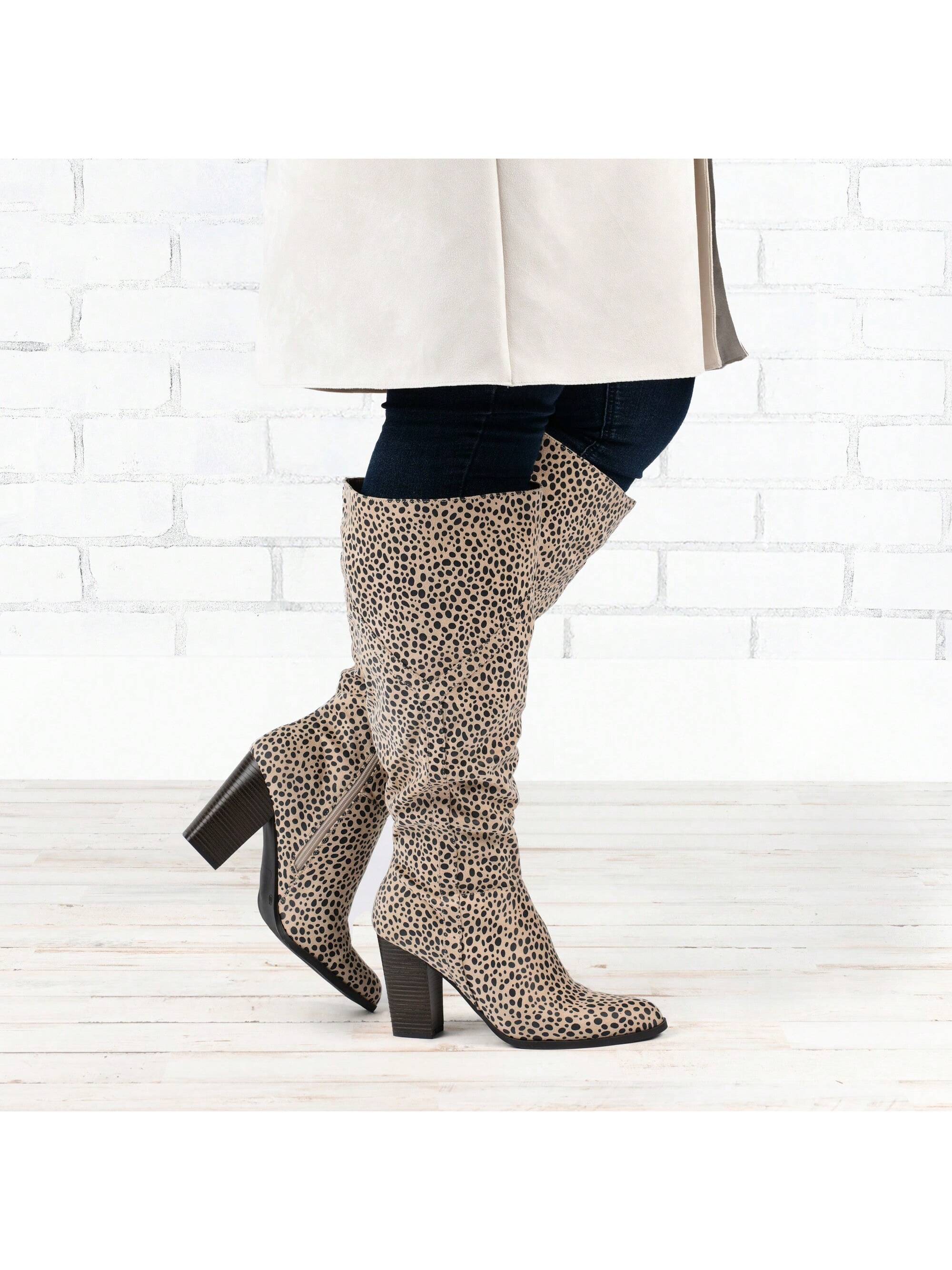 Womens Extra Wide Calf Stacked Heel Knee High Boots