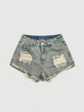 Punk Casual Retro Washed Commuting Versatile Distressed High Waist Button Fly Frayed Rolled Hem Plus Size Denim Shorts