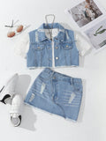 Streecool Kids Tween Girls Summer Casual Distressed Denim Vest And Asymmetrical Hem Denim Skirt Set