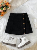 Streecool Kids Mommy And Me Girls' Simple, Casual, And Fashionable Corduroy Skirt With Ribbed Fabric And Amber Button Decor, Suitable For , Staying At Home, Parties, School, And Everyday Wear In Spring, Summer, Autumn, And Winter Seasons - A Classic And V