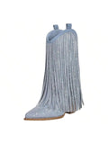 Women's Rhinestone Cowgirl Boots Cowboy Sparkly Fringe Ankle Boots Pointed Toe Chunky Heel Side Zipper Pull On Glitter Tassels Mid Calf Boots For Women Ladies