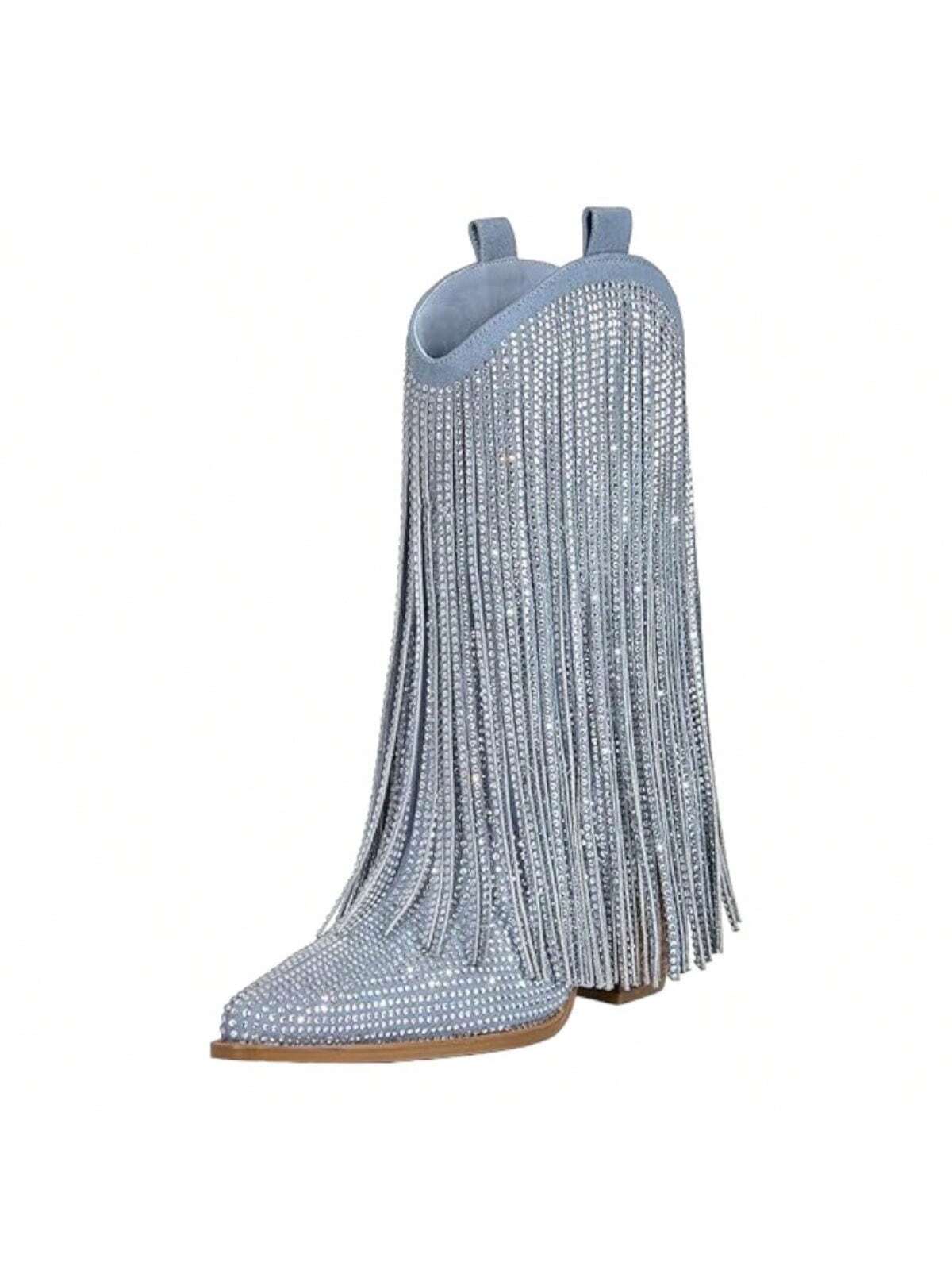 Women's Rhinestone Cowgirl Boots Cowboy Sparkly Fringe Ankle Boots Pointed Toe Chunky Heel Side Zipper Pull On Glitter Tassels Mid Calf Boots For Women Ladies