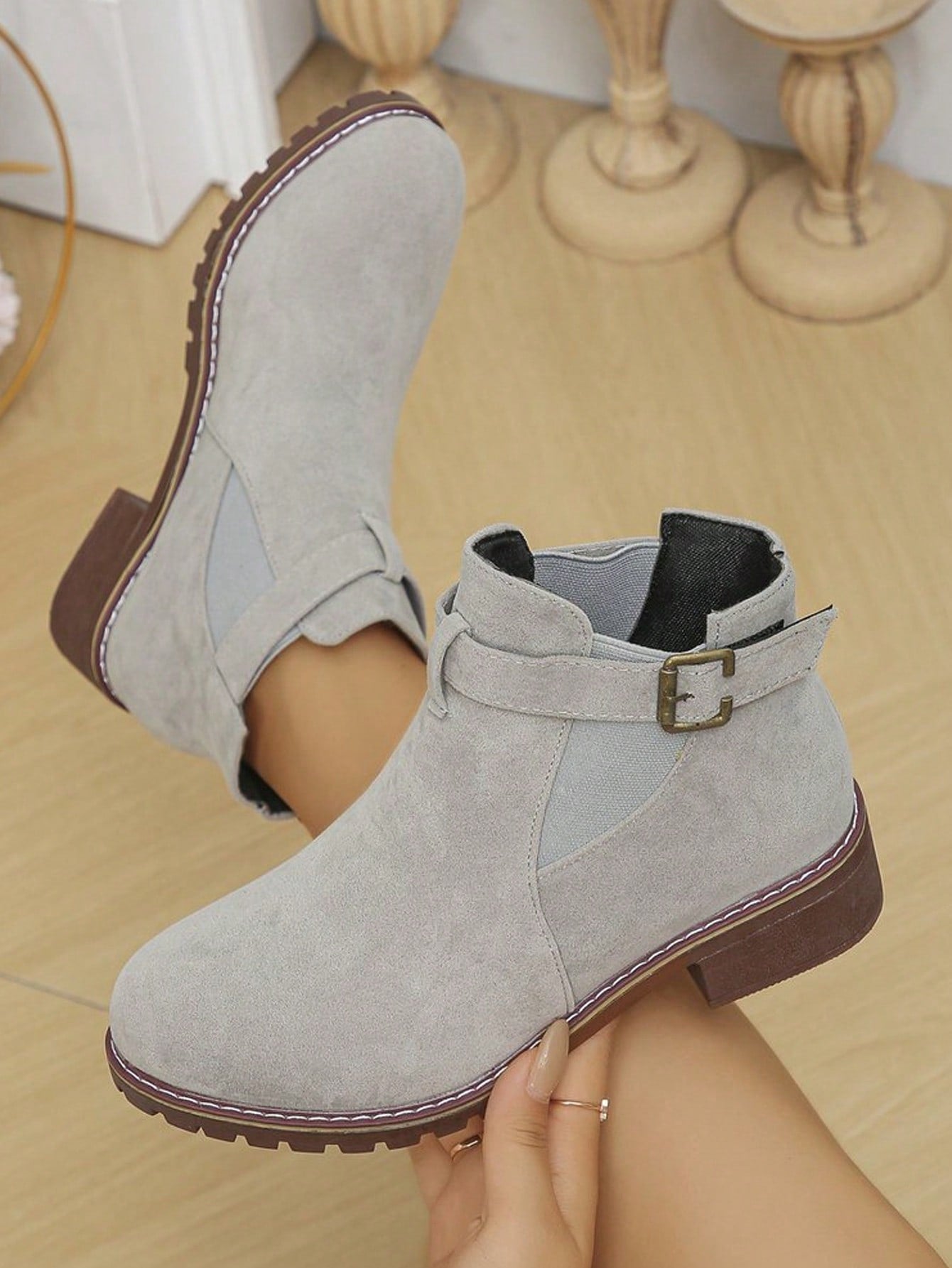 Women's Grey Suede Chelsea Ankle Boots, Round Toe, Chunky Heel, Fashion Buckle  Boots