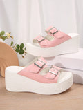 Fashionable Comfortable Casual Double-Breasted Peep Toe Wedge Platform Women Sandals, Lightweight Simple PU Solid Color Non-Slip Pink One-Piece Beach Holiday Slip-On Sandals