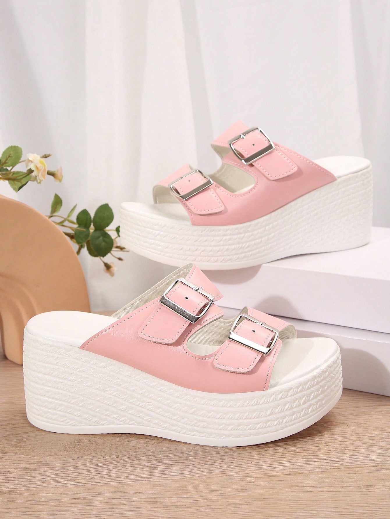 Fashionable Comfortable Casual Double-Breasted Peep Toe Wedge Platform Women Sandals, Lightweight Simple PU Solid Color Non-Slip Pink One-Piece Beach Holiday Slip-On Sandals