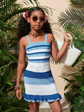 Tween Girl Holiday Leisure Spring And Summer Woolen Colorful Striped Suspender Slim Dress