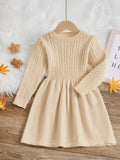 Young Girl Solid Color Long Sleeve Knitted Sweater Dress, Spring & Autumn