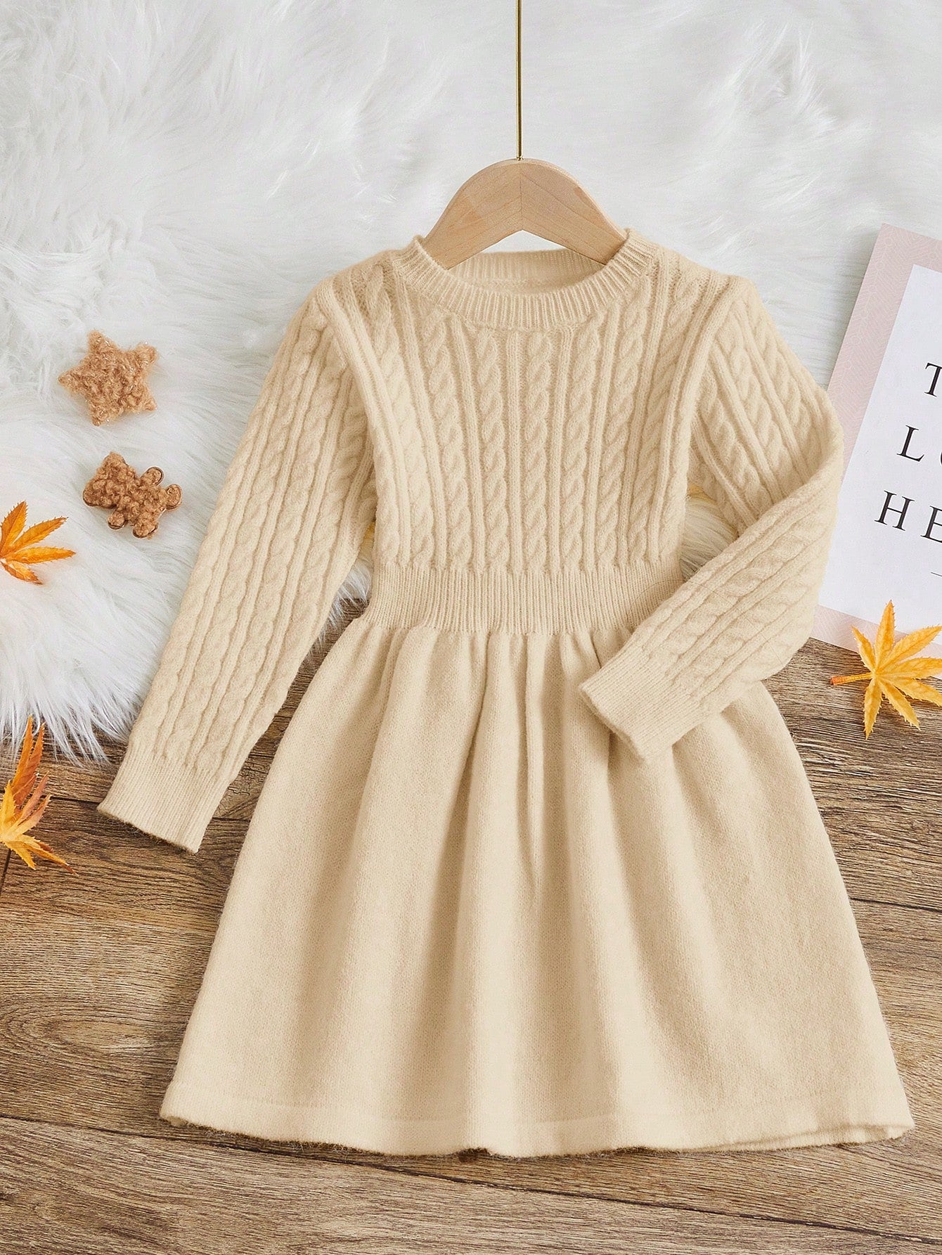 Young Girl Solid Color Long Sleeve Knitted Sweater Dress, Spring & Autumn