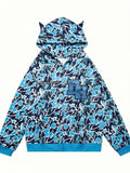 Summer Street Skull Blue Printed Long-Sleeved Zipper Hoodie With Hood