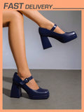 Women High Chunky Platform Closed Toe Block Heels Square Toe Strappy Dress Prom Wedding Party Pumps Shoes