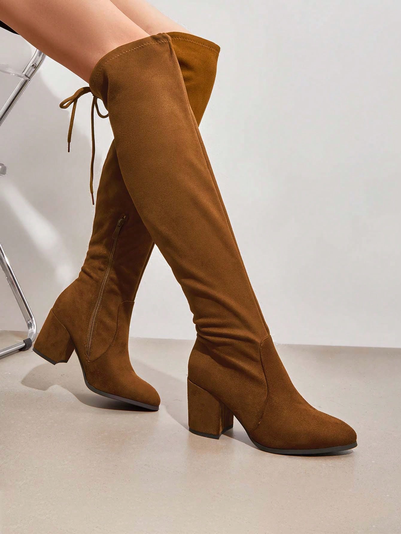 Women's Black Thigh High Boots Over The Knee Stretch Suedes Cute Block Heel Fashion Long Boots