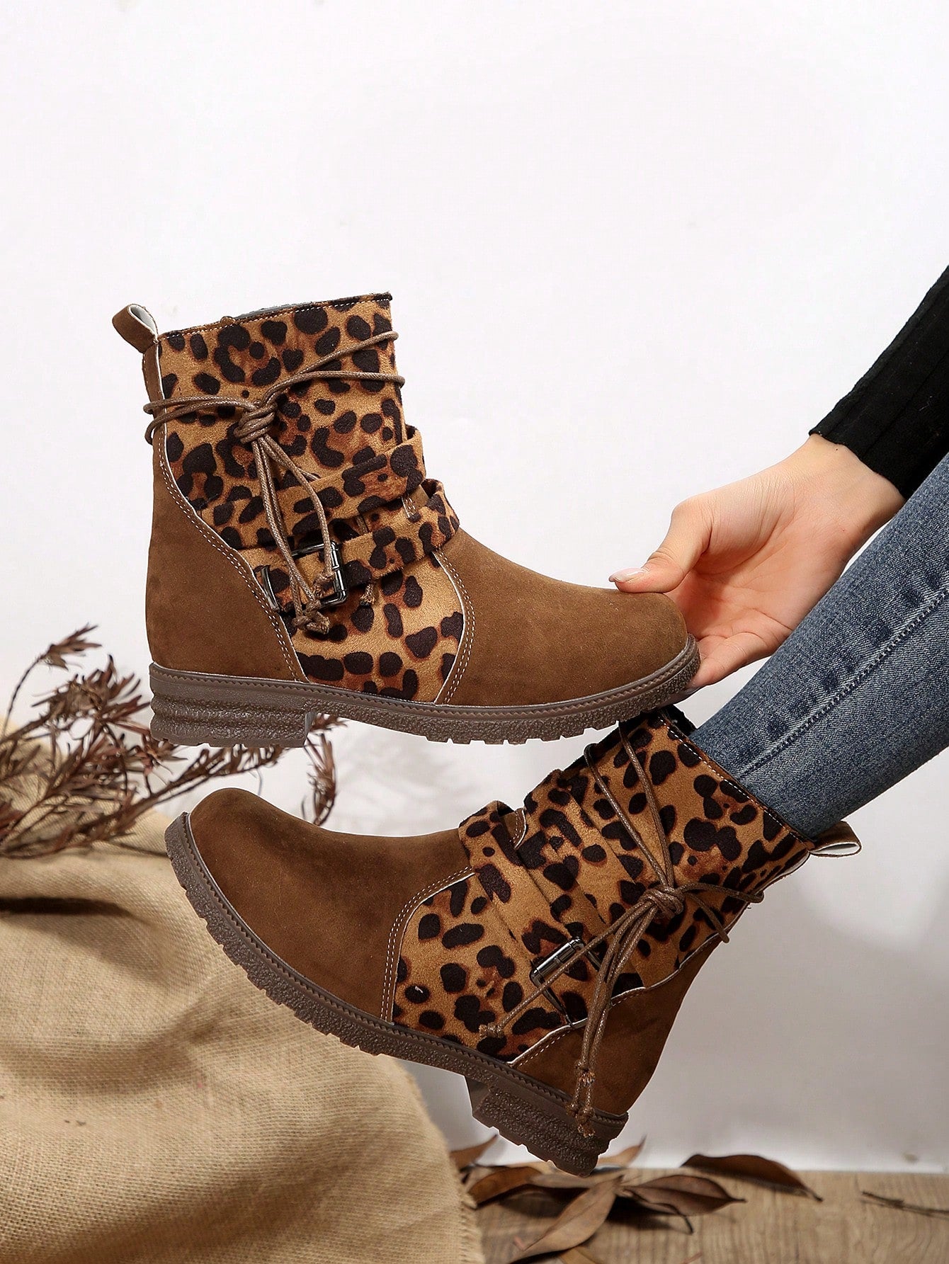 Buckle Decor Tie Side Faux Suede Boots, Flat Camel-colored Fashionable Buckle Detail Solid Color Women's Boots