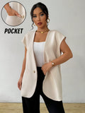 Women's Spring And Autumn French-Style Solid Color Casual Long Cardigan, Simple Loose Sleeveless Suit Vest