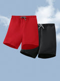 2pcs/Set Young Boys' Casual Loose Solid Woven Beach Swim Trunks, Multicolor Pack With One Pair In Each Color