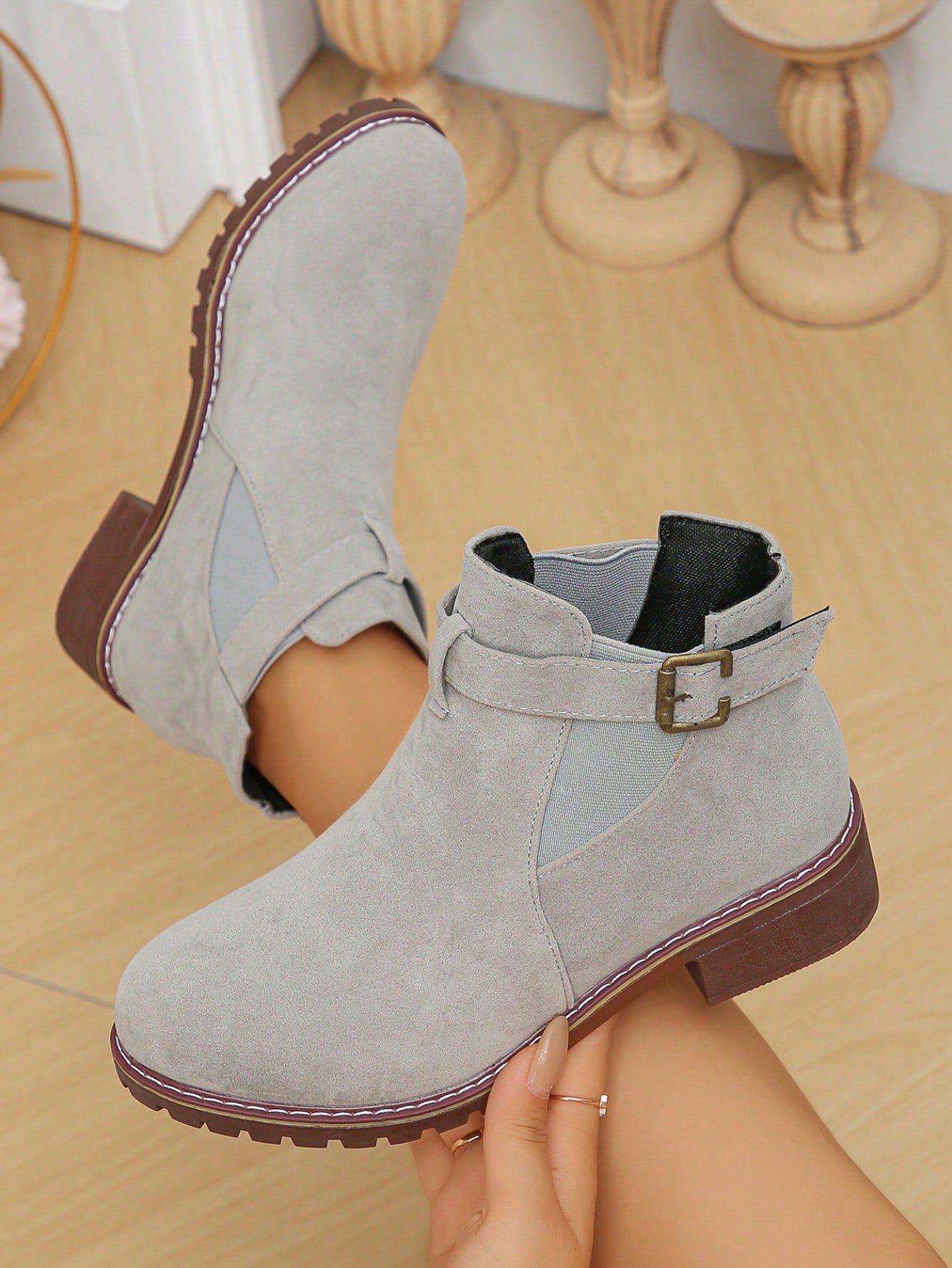 Cross-Border New Arrival Low Heel Belted Short Ankle Boots For Women, Large Size