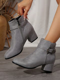 New Women Ankle Boots & Short Boots, Chunky Heel Round Toe Suede Fashionable Boots With Metal Buckle Strap, Stylish & Comfortable High Heel Boots, Autumn & Winter