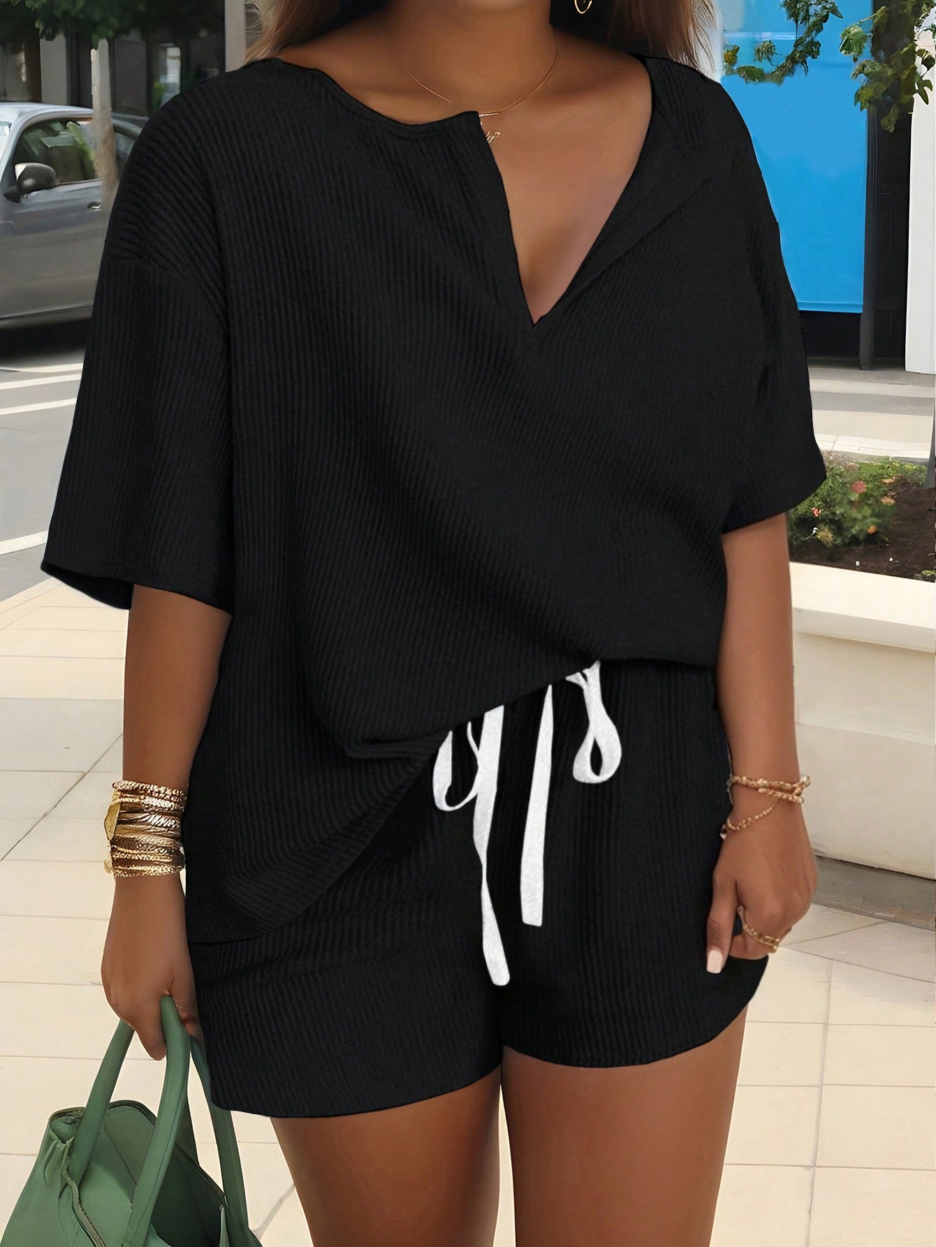 Plus Size Women's Solid Color Simple Daily Short Sleeve T-Shirt And Shorts Set