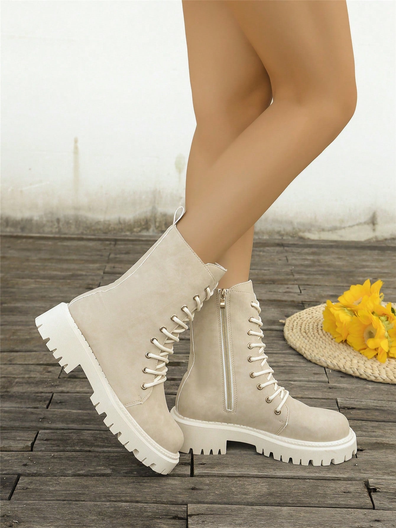 Women's Fashion Boots, Knee-High Boots,  Boots For Fall & Winter, Lace-Up & Side Zipper Beige/White Ankle Boots, Platform Boots For School & Travel