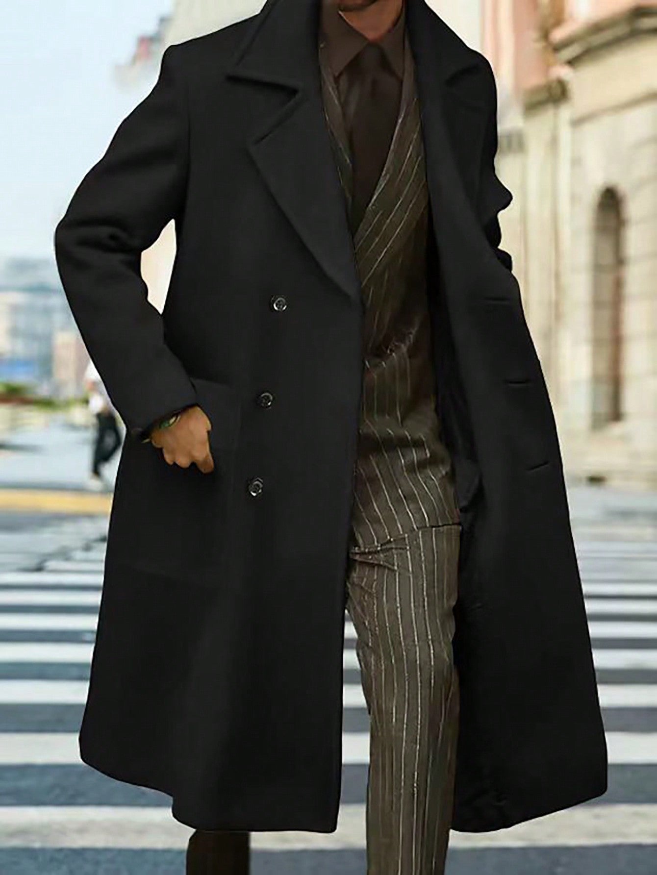 Solid Color Double-Breasted Long Sleeve Woolen Coat
