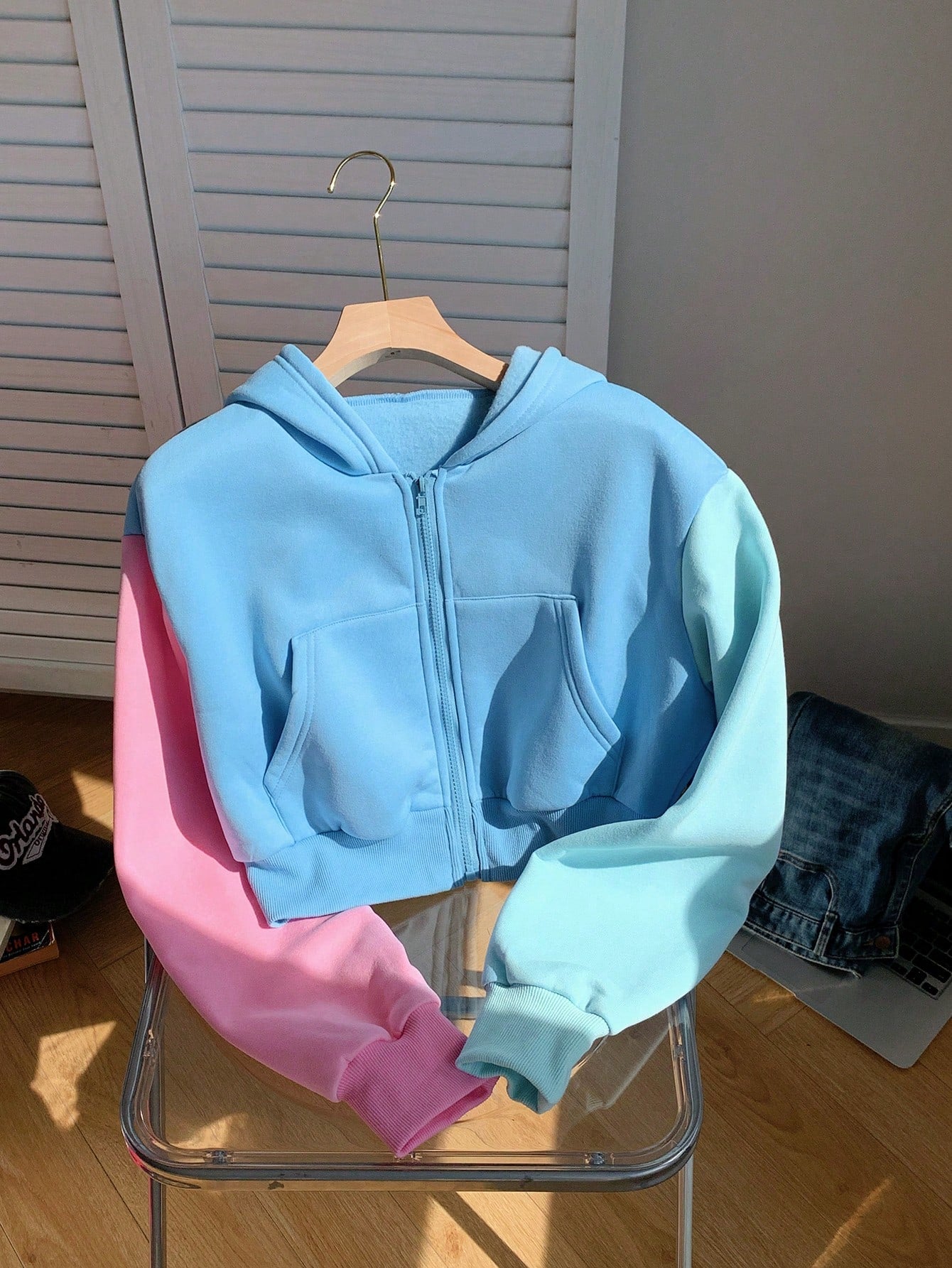 Casual Colorblock Zipper Hooded Cropped Sweatshirt