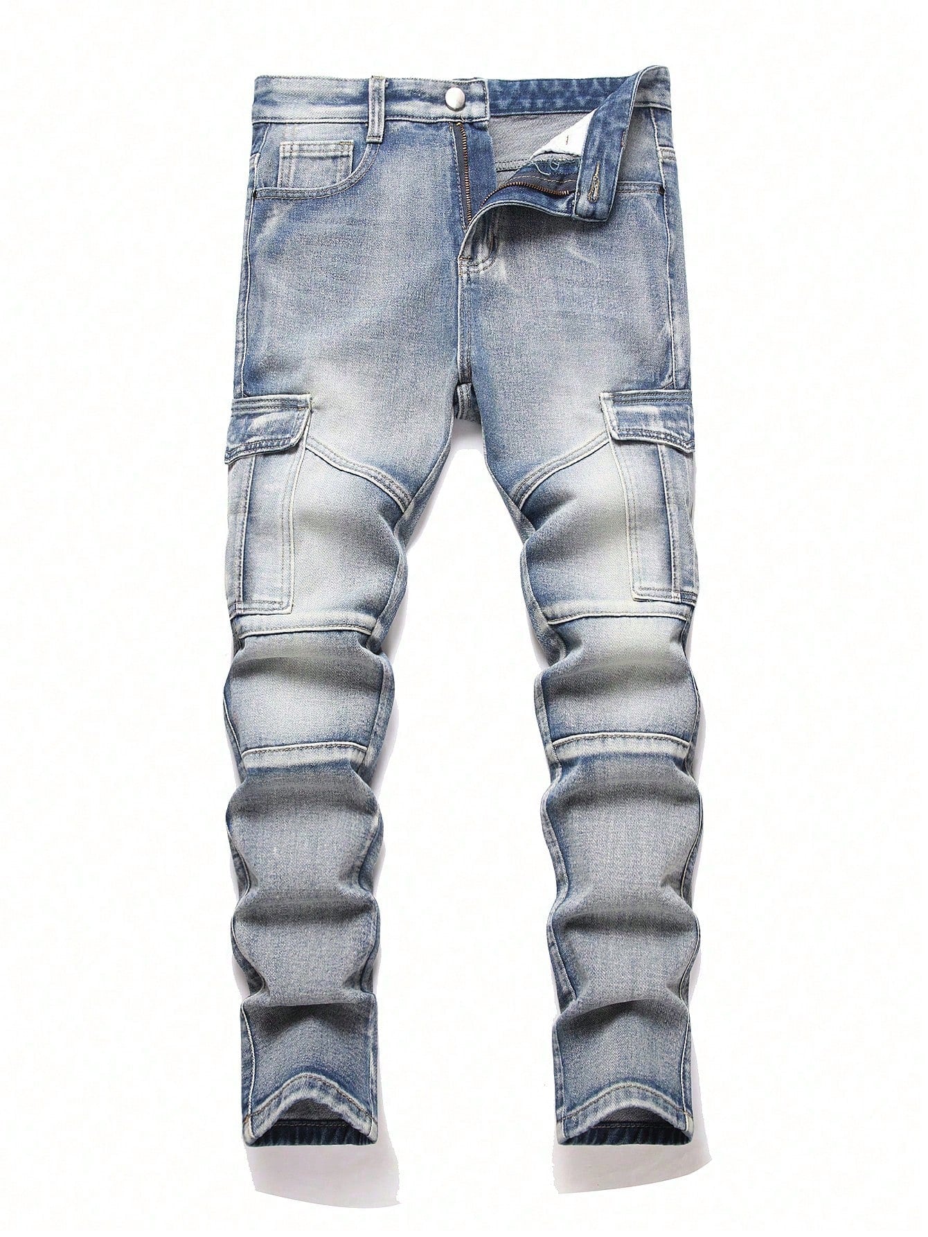 Teen Boy Vintage Blue Slim Straight Leg Jeans With Side Pockets And Bone Pattern