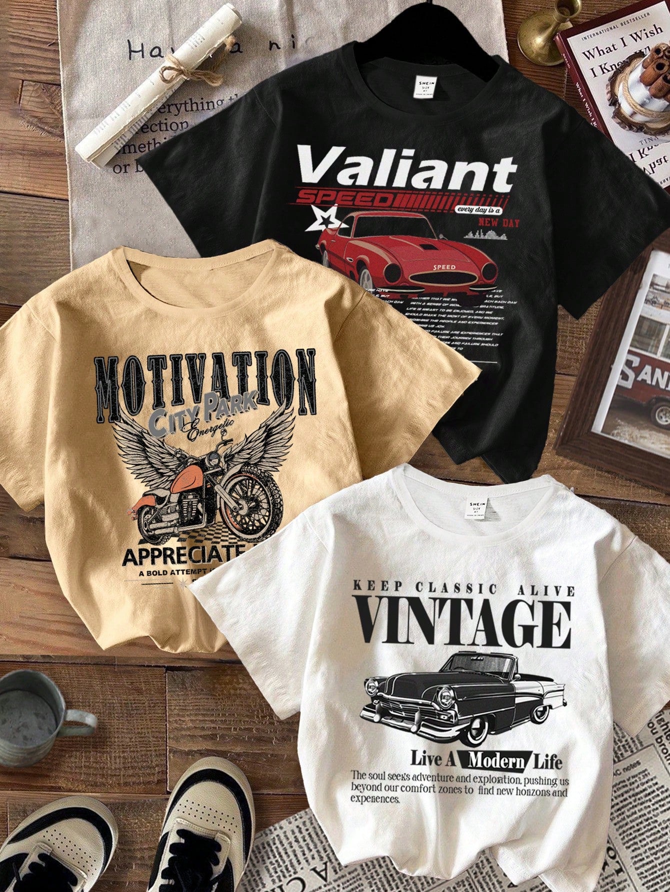 Set Of 3 Vintage Car And Motorcycle Print Round Neck Short Sleeve T-Shirt, Casual And Retro For Tween Boys, Summer