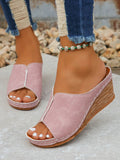 Simple Comfortable Wooden Textured Sole Thong Sandals, Summer New Women Platform Wedge High Heel Slip On Sandals, Pink