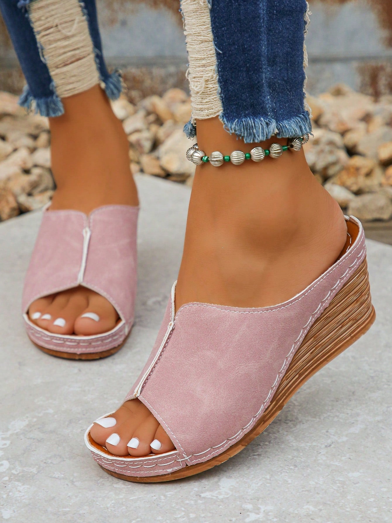 Simple Comfortable Wooden Textured Sole Thong Sandals, Summer New Women Platform Wedge High Heel Slip On Sandals, Pink