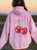 Women's Spring And Autumn Loose Fit Hooded Sweatshirt With Cherry Print And Slogan, Drop-Shoulder, Long Sleeve