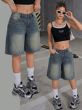 Teen Girls Y2K  Trendy 2000s Retro Washed Boyfriend Baggy Causal Denim Wide Leg Knee Length Jeans Short,Girls Fall Clothes Back To School Streetwear Outfits
