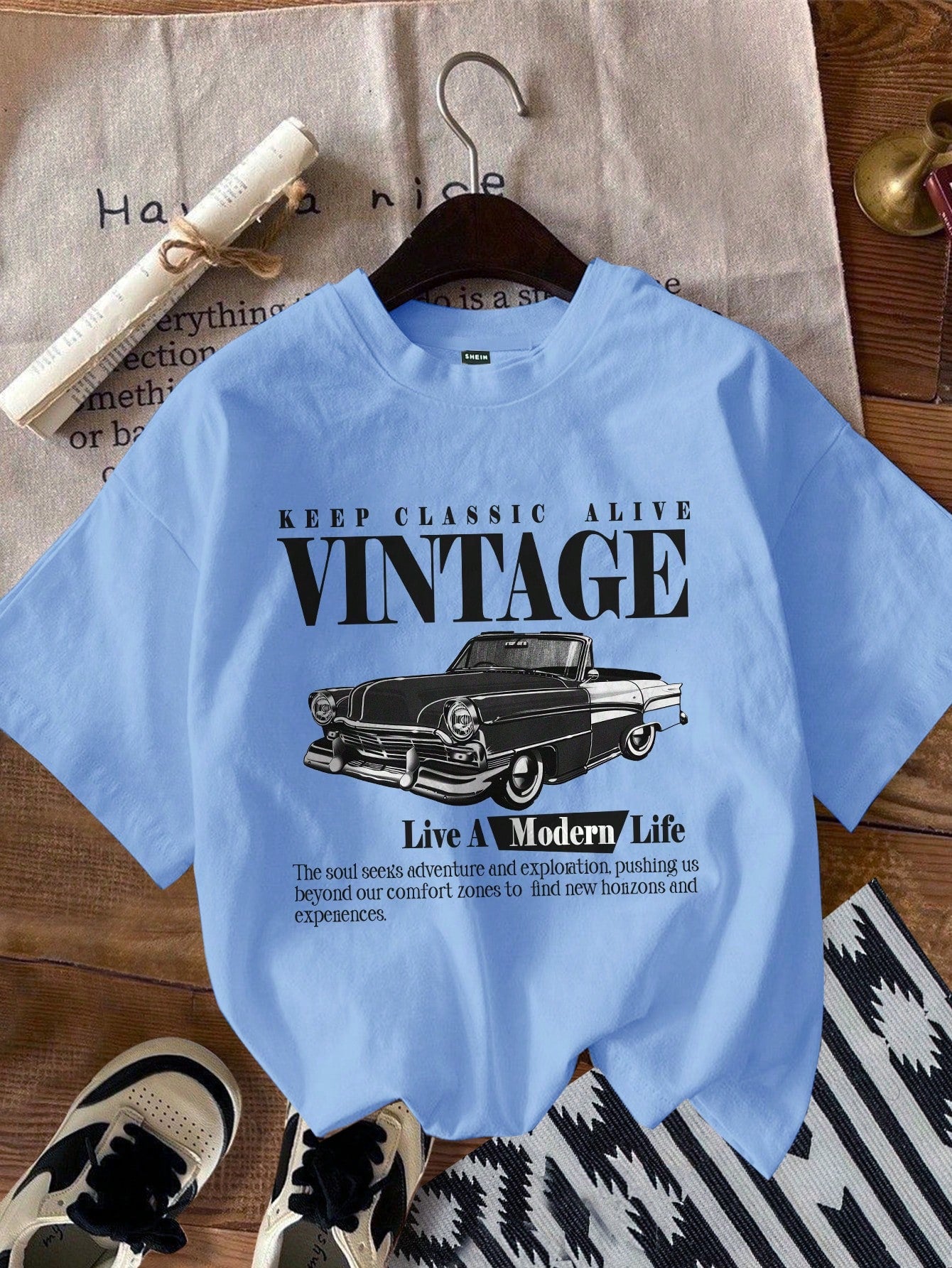 Casual Retro Car Printed White Round Neck Slim Fit Women's T-Shirt, Summer KEEP CLASSIC ALIVE VINTAGE Live A Modern Life The Soul Seeks Adventure And Exploration, Pushing Us Beyond Our Comfort Zones To Find New Horizons And Experiences