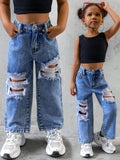 Young Girls' New Casual Fashion Light Blue Distressed Washed Denim Straight Jeans
