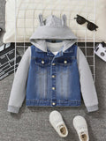 Young Boy Casual Fashionable Soft And Comfortable Mix Cool Grey Knit Hooded Long-Sleeved Patchwork Blue Denim Jacket For Dailywear And Back To School Boys Clothes