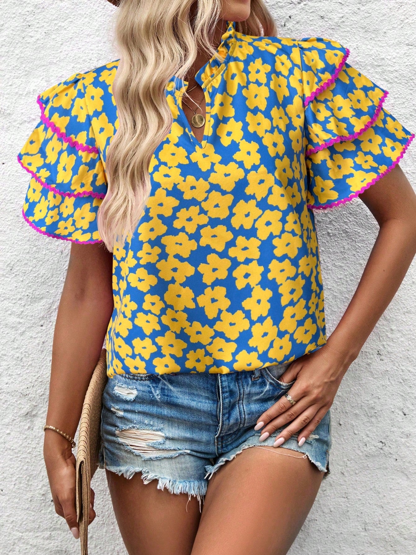 Ladies' Umbrella Print Umbrella Sleeve Lace Spliced Blouse (Random Print)