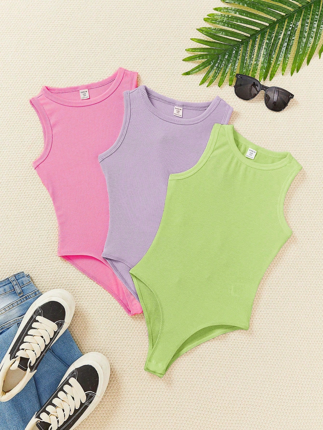 Tween Girl 3Pcs Knitted Monochromatic Round Neck Sleeveless Bodysuit Set