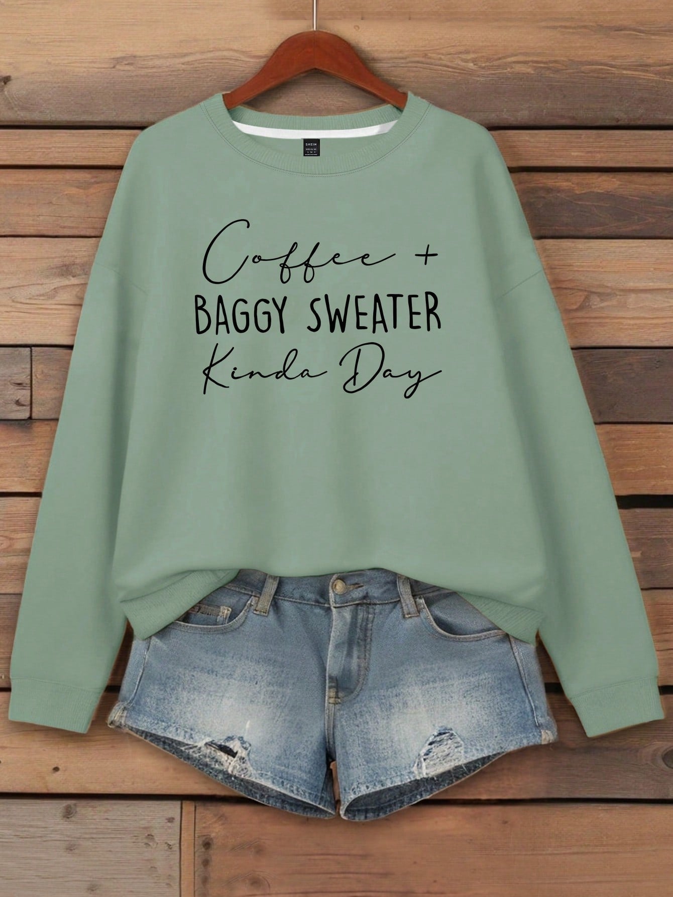 Women's Letter Printed Round Neck Hoodie Coffee  Baggy Sweater Kinda Day