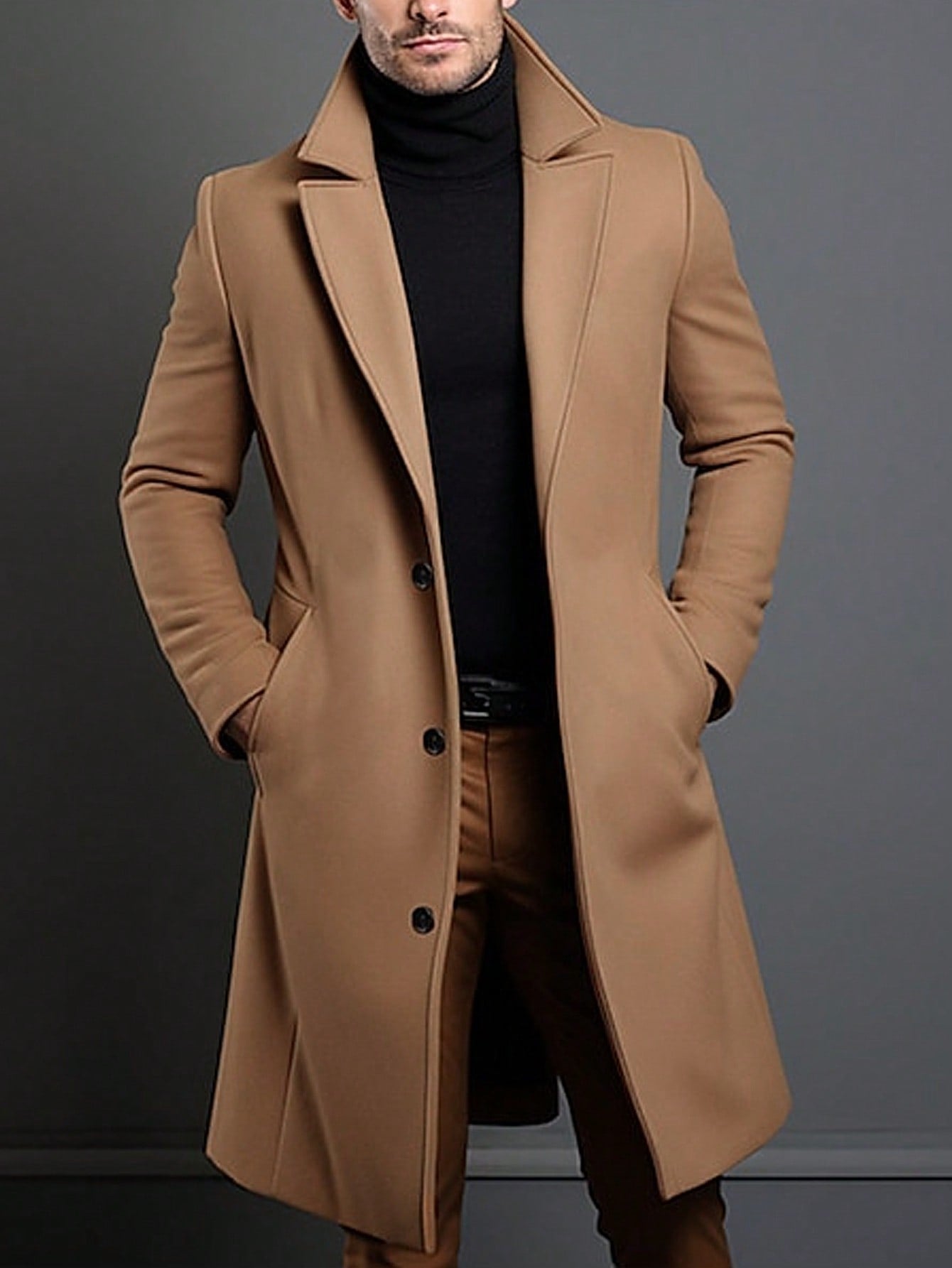 Men's Solid Color Single-Breasted Long Sleeve Wool Coat